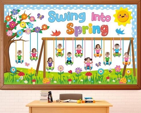 70Pcs Spring Bulletin Board Classroom Decorations Swing into Spring DIY Photo Cutouts Decoration Swing Flowers Butterflies Birds Trees Paper Cutouts for Classroom Office Chalkboard Wall Door Decor in Saudi Arabia