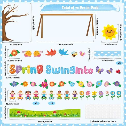 70Pcs Spring Bulletin Board Classroom Decorations Swing into Spring DIY Photo Cutouts Decoration Swing Flowers Butterflies Birds Trees Paper Cutouts for Classroom Office Chalkboard Wall Door Decor in Saudi Arabia