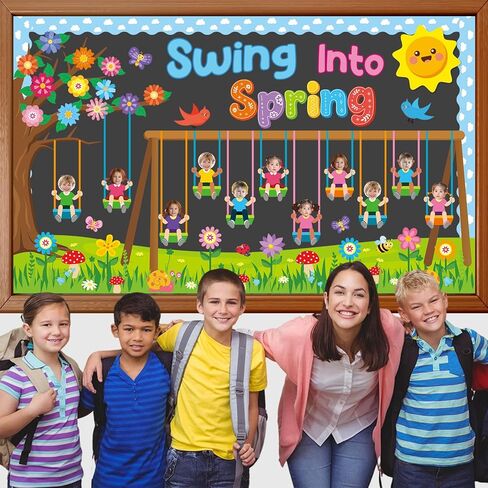 70Pcs Spring Bulletin Board Classroom Decorations Swing into Spring DIY Photo Cutouts Decoration Swing Flowers Butterflies Birds Trees Paper Cutouts for Classroom Office Chalkboard Wall Door Decor in Saudi Arabia