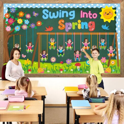 70Pcs Spring Bulletin Board Classroom Decorations Swing into Spring DIY Photo Cutouts Decoration Swing Flowers Butterflies Birds Trees Paper Cutouts for Classroom Office Chalkboard Wall Door Decor in Saudi Arabia