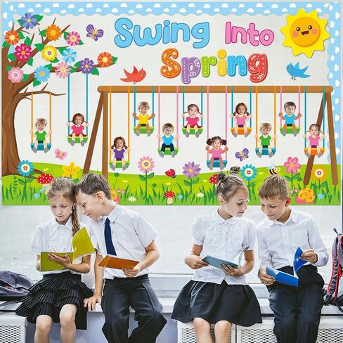 70Pcs Spring Bulletin Board Classroom Decorations Swing into Spring DIY Photo Cutouts Decoration Swing Flowers Butterflies Birds Trees Paper Cutouts for Classroom Office Chalkboard Wall Door Decor in Saudi Arabia