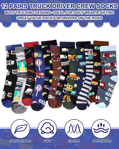 12 Pairs Truck Driver Appreciation Gift Trucker Socks for Men Funny Cotton Crew Sock Employee Gift for Best Trucker in Saudi Arabia