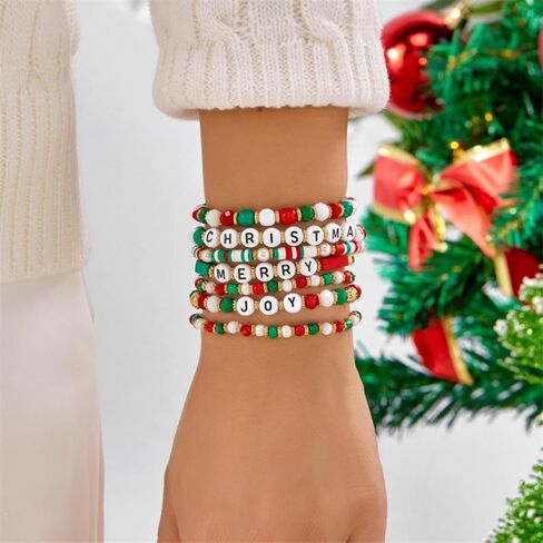 WCRAZYE Christmas Bracelets for Women Red Green Snowflake Santa Claus Christmas Tree Festive Beaded Bracelets Stackable Stretch Friendship Bracelets in Saudi Arabia