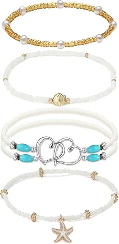 Tornito Shell Ankle Bracelet Set for Women Gold Boho Bead Anklets Summer Hawaiian Beach Seashell Pearl Disc Double Heart Starfish Conch Layered Foot Chain Jewelry Adjustable in Saudi Arabia