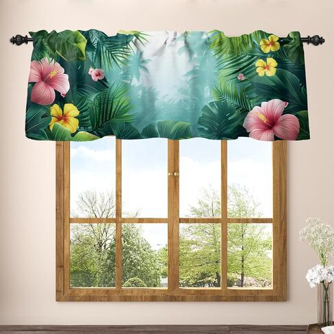 Renaiss 42 x 18 Inch Tropical Rainforest Kitchen Valance Curtain Jungle Safari Natural Plant Short Cafe Curtains Green Palm Pink Flowers Window Treatment Valance for Bathroom Rod Pocket Window Drapes in Saudi Arabia