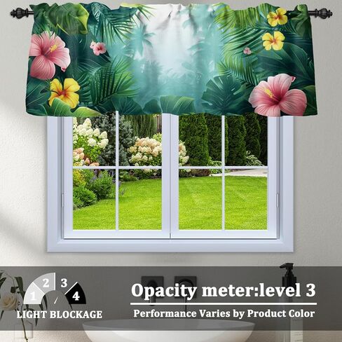 Renaiss 42 x 18 Inch Tropical Rainforest Kitchen Valance Curtain Jungle Safari Natural Plant Short Cafe Curtains Green Palm Pink Flowers Window Treatment Valance for Bathroom Rod Pocket Window Drapes in Saudi Arabia