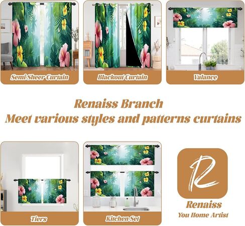 Renaiss 42 x 18 Inch Tropical Rainforest Kitchen Valance Curtain Jungle Safari Natural Plant Short Cafe Curtains Green Palm Pink Flowers Window Treatment Valance for Bathroom Rod Pocket Window Drapes in Saudi Arabia