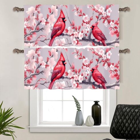 1 لوحة ستائر نافذة زهور حمراء، ستائر نافذة معالجة على شكل زهرة فرع الحيوانات ديكور ستائر جيب قضيب للمطبخ/غرفة المعيشة، 54 بوصة × 18 بوصة in Kuwait