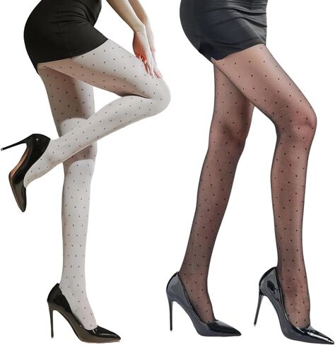 Verdancy 2-Pack Women's 15D Plus Size Sheer Pantyhose Tights- Shiny Black & Matte White Polka Dots in Saudi Arabia