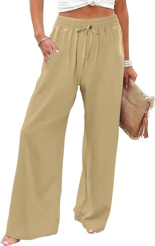 سراويل بالازو الصيفية للسيدات من JZC بخصر مطاطي كاجوال بنطال بأرجل واسعة للشاطئ سراويل بوهو متدفقة مع جيوب in Kuwait
