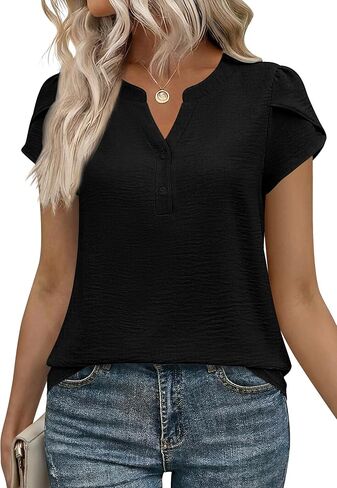 Zeagoo Womens Tops Dressy Casual Textured Blouses Cap Short Sleeve Shirts V Neck Button Up Summer Spring Work Tshirt Clothes in Saudi Arabia