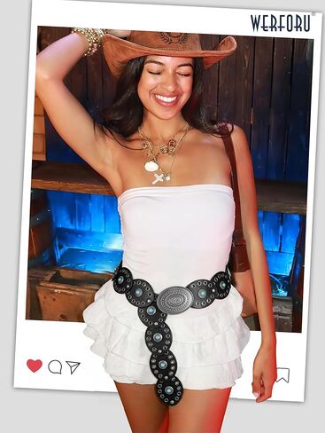 WERFORU Women Western Belts Wide Disc Belt with Turquoise Cowgirl Country Belts Boho Concho Leather Belt for Concert Outfits in Saudi Arabia