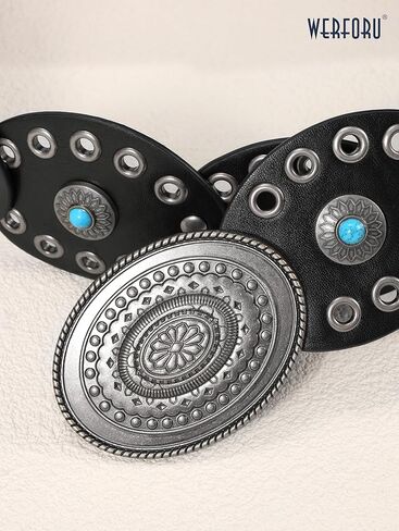 WERFORU Women Western Belts Wide Disc Belt with Turquoise Cowgirl Country Belts Boho Concho Leather Belt for Concert Outfits in Saudi Arabia