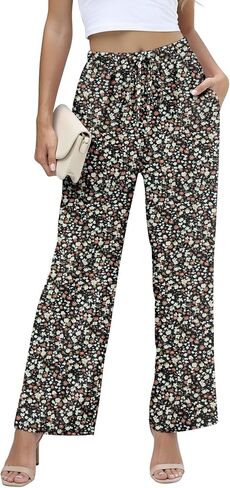 Niloufo Women Summer Summer عالي الخصر على عريض الساق الساق أزياء سراويل شاطئ بوهو خفيفة الوزن مع جيوب in Kuwait