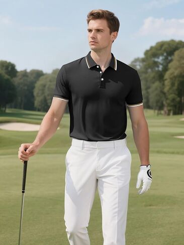 Men's Golf Polo Shirts Short Sleeve Striped Business Casual Polo Shirts Classic Fit Button Up Tennis T-Shirt Tops in Saudi Arabia
