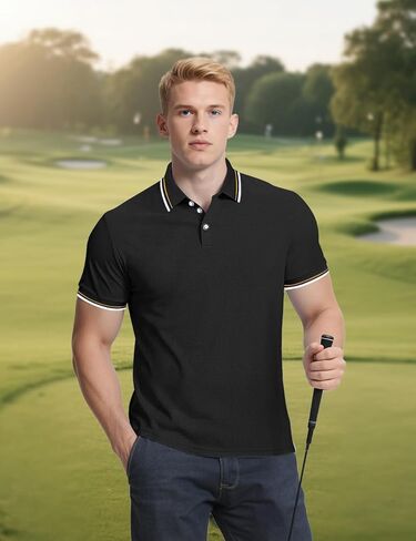 Men's Golf Polo Shirts Short Sleeve Striped Business Casual Polo Shirts Classic Fit Button Up Tennis T-Shirt Tops in Saudi Arabia