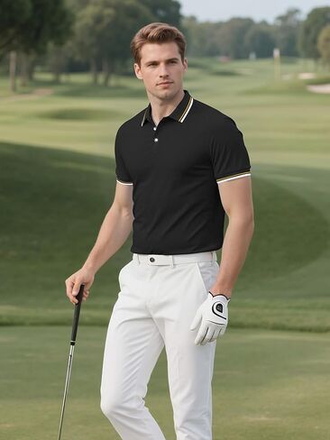 Men's Golf Polo Shirts Short Sleeve Striped Business Casual Polo Shirts Classic Fit Button Up Tennis T-Shirt Tops in Saudi Arabia