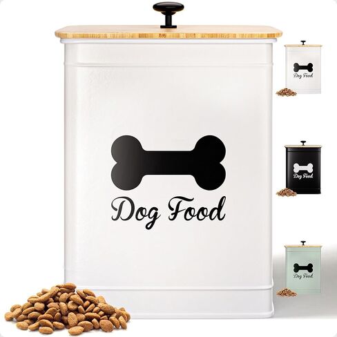 حاوية طعام للكلاب سعة 10 رطل - 25 كوبًا حاوية تخزين طعام الكلاب محكمة الغلق مع غطاء من الخيزران - حاوية معدنية لتخزين طعام الكلاب بشكل لطيف - صندوق طعام للكلاب باللون الأبيض - حامل طعام للكلاب - حاوية طعام معدنية للحيوانات الأليفة 10 رطل in Kuwait