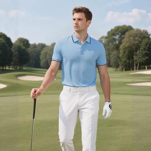 Men's Golf Polo Shirts Short Sleeve Striped Business Casual Polo Shirts Classic Fit Button Up Tennis T-Shirt Tops in Saudi Arabia