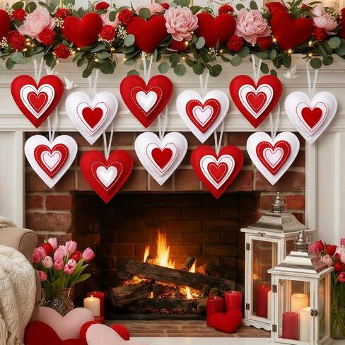 24 Pcs Valentine Felt Heart Ornaments for Tree Small Heart Hanging Decorations Valentine Felt Baubles for Home Wedding Party Decor(2.4 Inch,Elegant Style,Red Pink White) in Saudi Arabia