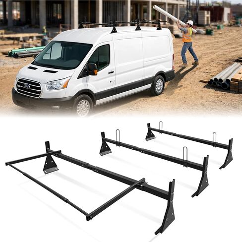 رفوف سقف سلم فان مع بكرة خلفية، 3 قضبان قابلة للتعديل مع سدادات سلم، تناسب شاحنة تشيفي إكسبريس كاملة الحجم 1996-Up، مناسبة للشاحنات ذات مزراب المطر فقط، سعة تحميل 800 رطل in Kuwait