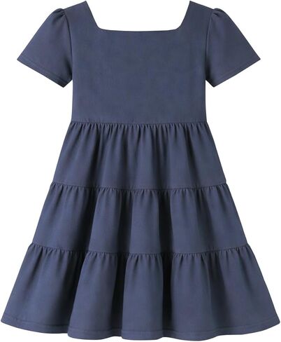Girls' Cotton Tiered Dress Square Neck Short Sleeve Navy Blue Casual Sundress for Toddler & Little Girls 2-8Y in Saudi Arabia
