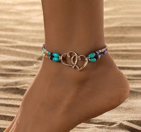 Double-Heart Bead Anklets for Women Boho Double-Layer Elastic Colorful Ankle Bracelet Vacation Party Boho Foot Chain Jewelry for Gifts in Saudi Arabia