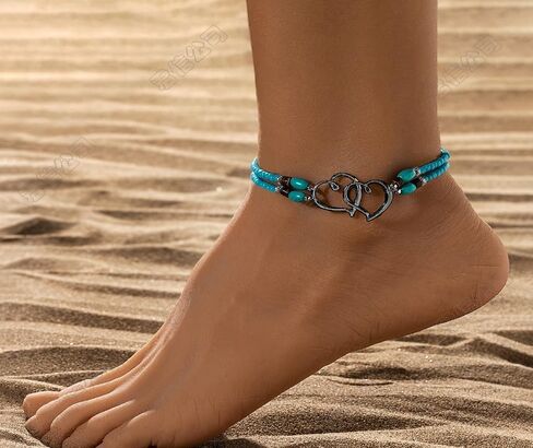 Double-Heart Bead Anklets for Women Boho Double-Layer Elastic Colorful Ankle Bracelet Vacation Party Boho Foot Chain Jewelry for Gifts in Saudi Arabia