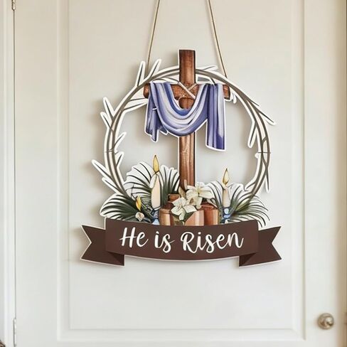 He is Risen Easter Decorations Wooden Cross Wreath, Easter Wreath for Front Door Sign, Christian Jesus Lily Flowers Wreaths Wall Hanging for Spring Home Farmhouse Porch Decor in Saudi Arabia