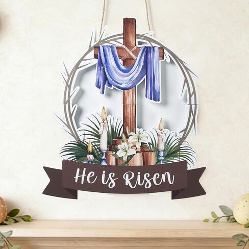 He is Risen Easter Decorations Wooden Cross Wreath, Easter Wreath for Front Door Sign, Christian Jesus Lily Flowers Wreaths Wall Hanging for Spring Home Farmhouse Porch Decor in Saudi Arabia