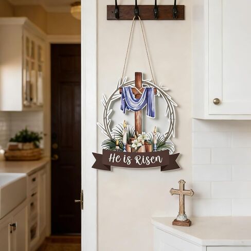 He is Risen Easter Decorations Wooden Cross Wreath, Easter Wreath for Front Door Sign, Christian Jesus Lily Flowers Wreaths Wall Hanging for Spring Home Farmhouse Porch Decor in Saudi Arabia