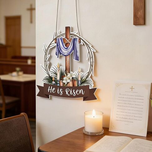 He is Risen Easter Decorations Wooden Cross Wreath, Easter Wreath for Front Door Sign, Christian Jesus Lily Flowers Wreaths Wall Hanging for Spring Home Farmhouse Porch Decor in Saudi Arabia