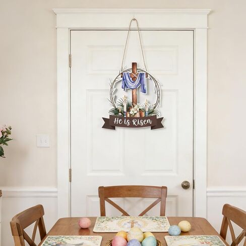 He is Risen Easter Decorations Wooden Cross Wreath, Easter Wreath for Front Door Sign, Christian Jesus Lily Flowers Wreaths Wall Hanging for Spring Home Farmhouse Porch Decor in Saudi Arabia