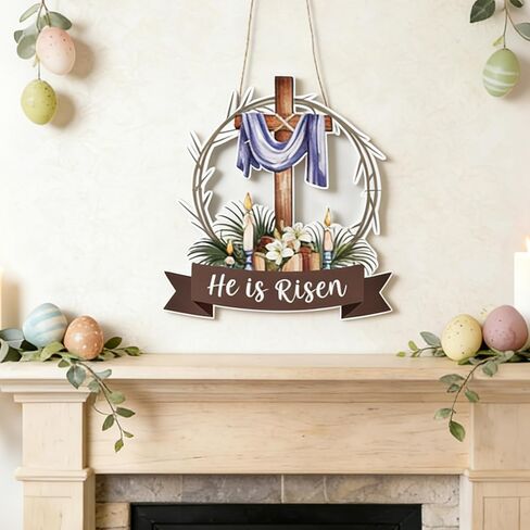 He is Risen Easter Decorations Wooden Cross Wreath, Easter Wreath for Front Door Sign, Christian Jesus Lily Flowers Wreaths Wall Hanging for Spring Home Farmhouse Porch Decor in Saudi Arabia