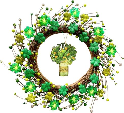 20" St. Patrick's Day Wreath with 20 LED Lights & 10 Detachable Signs -Artificial Shamrock Wreath for Front Door, Includes Hanger & Bow -All-in-One Irish Lucky Ornament Kit for Spring Homez in Saudi Arabia