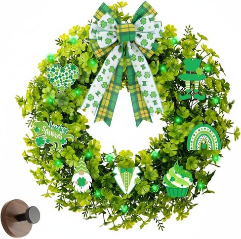 20" St. Patrick's Day Wreath with 20 LED Lights & 10 Detachable Signs -Artificial Shamrock Wreath for Front Door, Includes Hanger & Bow -All-in-One Irish Lucky Ornament Kit for Spring Homez in Kuwait