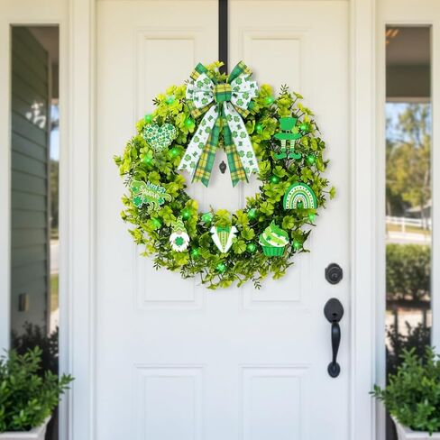 20" St. Patrick's Day Wreath with 20 LED Lights & 10 Detachable Signs -Artificial Shamrock Wreath for Front Door, Includes Hanger & Bow -All-in-One Irish Lucky Ornament Kit for Spring Homez in Kuwait