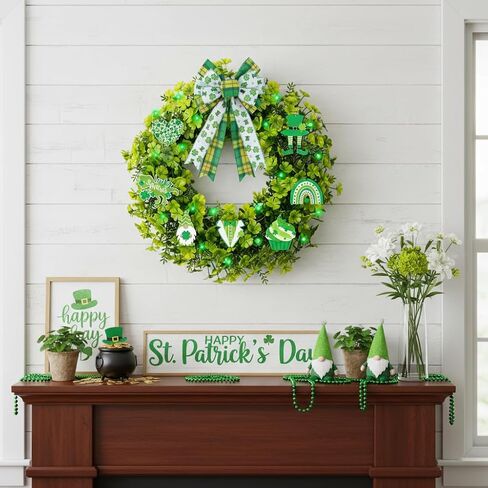 20" St. Patrick's Day Wreath with 20 LED Lights & 10 Detachable Signs -Artificial Shamrock Wreath for Front Door, Includes Hanger & Bow -All-in-One Irish Lucky Ornament Kit for Spring Homez in Kuwait