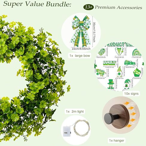 20" St. Patrick's Day Wreath with 20 LED Lights & 10 Detachable Signs -Artificial Shamrock Wreath for Front Door, Includes Hanger & Bow -All-in-One Irish Lucky Ornament Kit for Spring Homez in Kuwait