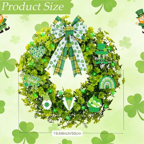 20" St. Patrick's Day Wreath with 20 LED Lights & 10 Detachable Signs -Artificial Shamrock Wreath for Front Door, Includes Hanger & Bow -All-in-One Irish Lucky Ornament Kit for Spring Homez in Kuwait