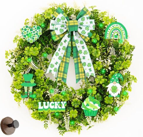 20" St. Patrick's Day Wreath with 20 LED Lights & 10 Detachable Signs -Artificial Shamrock Wreath for Front Door, Includes Hanger & Bow -All-in-One Irish Lucky Ornament Kit for Spring Homez in Kuwait