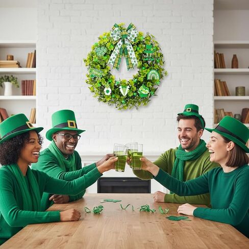 20" St. Patrick's Day Wreath with 20 LED Lights & 10 Detachable Signs -Artificial Shamrock Wreath for Front Door, Includes Hanger & Bow -All-in-One Irish Lucky Ornament Kit for Spring Homez in Kuwait