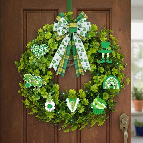 20" St. Patrick's Day Wreath with 20 LED Lights & 10 Detachable Signs -Artificial Shamrock Wreath for Front Door, Includes Hanger & Bow -All-in-One Irish Lucky Ornament Kit for Spring Homez in Kuwait