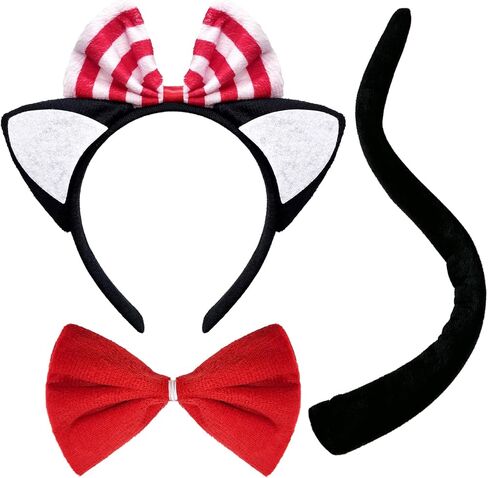 مجموعة إكسسوارات أزياء القطط مكونة من 3 قطع - عصابة رأس على شكل أذن القطة، وربطة عنق حمراء وذيل أسود للنساء لحفلات الهالوين في أسبوع الكتاب in Kuwait