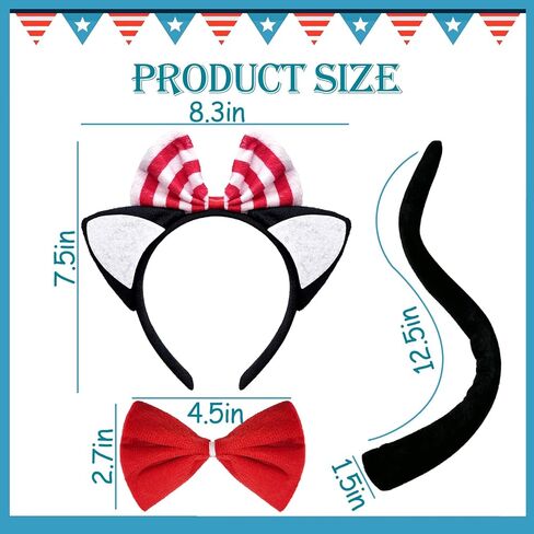 مجموعة إكسسوارات أزياء القطط مكونة من 3 قطع - عصابة رأس على شكل أذن القطة، وربطة عنق حمراء وذيل أسود للنساء لحفلات الهالوين في أسبوع الكتاب in Kuwait