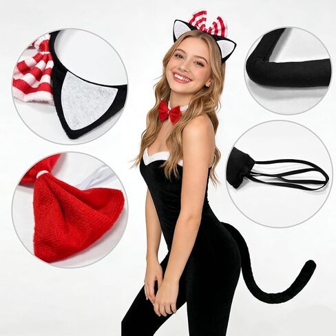 مجموعة إكسسوارات أزياء القطط مكونة من 3 قطع - عصابة رأس على شكل أذن القطة، وربطة عنق حمراء وذيل أسود للنساء لحفلات الهالوين في أسبوع الكتاب in Kuwait