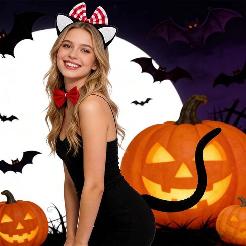 مجموعة إكسسوارات أزياء القطط مكونة من 3 قطع - عصابة رأس على شكل أذن القطة، وربطة عنق حمراء وذيل أسود للنساء لحفلات الهالوين في أسبوع الكتاب in Kuwait