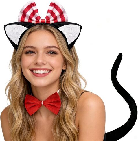 مجموعة إكسسوارات أزياء القطط مكونة من 3 قطع - عصابة رأس على شكل أذن القطة، وربطة عنق حمراء وذيل أسود للنساء لحفلات الهالوين في أسبوع الكتاب in Kuwait
