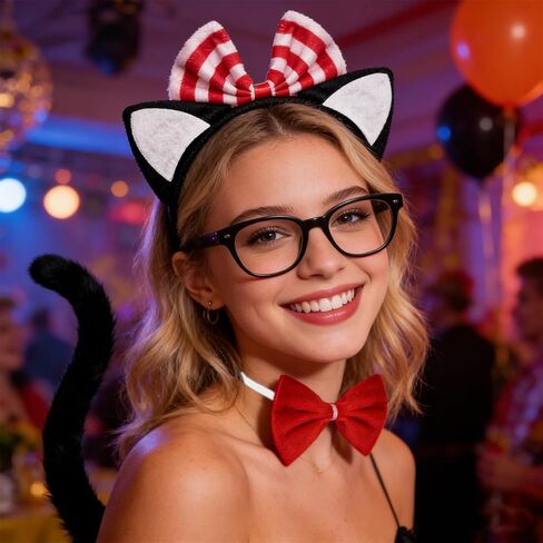 مجموعة إكسسوارات أزياء القطط مكونة من 3 قطع - عصابة رأس على شكل أذن القطة، وربطة عنق حمراء وذيل أسود للنساء لحفلات الهالوين في أسبوع الكتاب in Kuwait