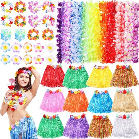 Geosar 48 Pieces Hawaiian Luau Hula Skirts Leis Set Tropical Leis Necklace Wristband Hair Pin Party Supplies for Summer Beach (Bright Style) in Saudi Arabia